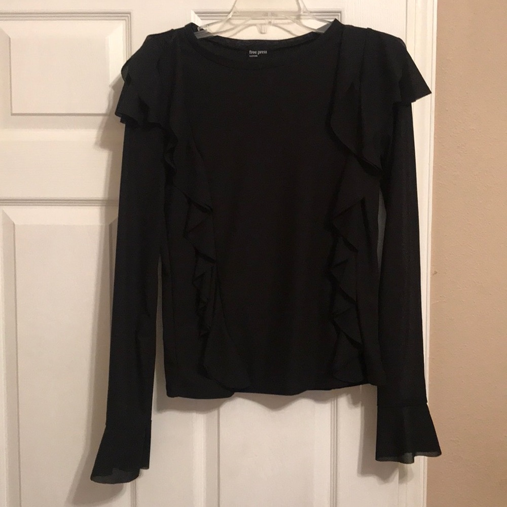 long sleeve black blouse with accent ruffle
